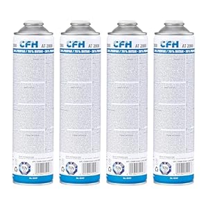 CFH Universele drukgasbus AT 2000, 4 stuks, drukgasbus met schroefdraad volgens DIN EN 417, propaan/butaangasmengsel (30%/70%), 4x inhoud 330 g, voor gasapparaten met schroefaansluiting volgens DIN
