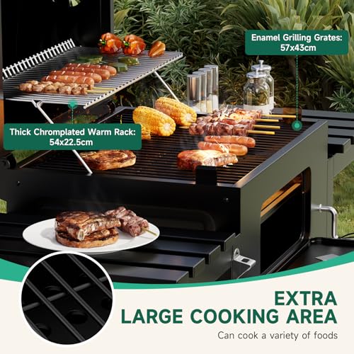Warmiehomy XXL Charcoal BBQ, Portable Barbecue Grill with Wheels, 2 Folding Side Table, Warming Rack, Hooks, Thermometer, Adjustable Chimney, Outdoor Smoker BBQ for Garden Picnic Camping 2 Warmiehomy XXL Charcoal BBQ, Portable Barbecue Grill with Wheels, 2 Folding Side Table, Warming Rack, Hooks, Thermometer, Adjustable Chimney, Outdoor Smoker BBQ for Garden Picnic Camping - Image 2