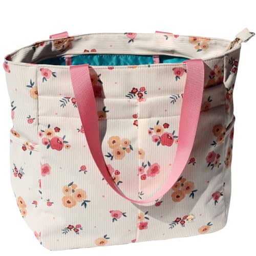 ESVAN Original Floral Tote Bag Large Shoulder Bag with Multi Pockets for Gym Travel Beach Daily Bags (Corduroy Beige Flower)