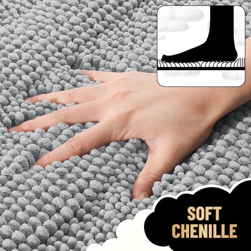 Image of OLANLY Thick Bathroom Runner Rugs 47x24, Extra Absorbent Chenille Striped Bath Rugs, Rubber Backing, Machine Wash Dry, Long Bath Mats for Bathroom, Tub and Shower, Home Decor Accessories, Light Grey
