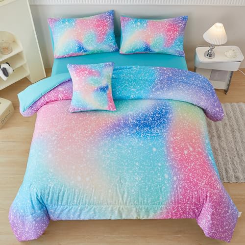 PERFEMET Pink Green Girls Twin Comforter Set, 6 Pieces Colorful Rainbow Kids Bedding Sets, Tie Dye Ombre Glitter Bed in A Bag Comforter Set with Sheets