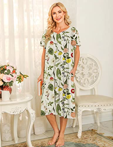 Image of Bloggerlove Mumu House Dress for Women with Pockets Short Sleeve Nightgowns | 15% Cotton, 80% Polyester, 5% Spandex, Floral Mumu House Dress, V-Neck, Short Sleeves, Midi Length, 2 Side Pockets, Lounging