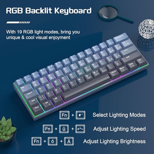 Image of MageGee MK-STAR61 60% Mechanical Keyboard DE Layout, Hot Swappable Wired RGB Gaming Keyboard with Dye Sublimation Keycaps, Pre-Oiled Switches, EVA Foam for Mac /Win (Blue)