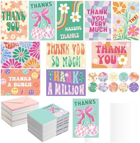 100 Pack Cute Thank You Cards Assorted Blank Appreciation Greeting Note Cards with Envelopes & Stickers, Ideal for Teachers, Coworkers, Thanksgiving, Christmas, Birthday, Bridal Gifts