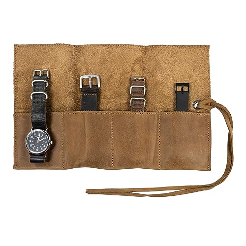 Hide & Drink, Leather Watch Roll Organizer Handmade from Full Grain Leather, Holds Up to 4 Watches, Easy Carry On Watchlover Storage (Single Malt Mahogany)