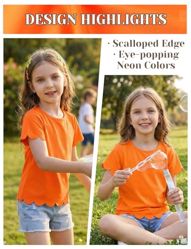Image of Noomelfish Girls Short Sleeve Scalloped Edge T-Shirts Casual Cute Summer Tee Tops Blouse (5-12 Years)
