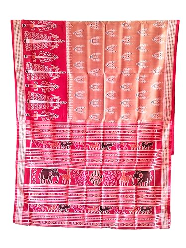 ARTEASTIC - handcrafted traditions of the east Odisha Ikat Bomkai Silk saree Salmon pink and red combination