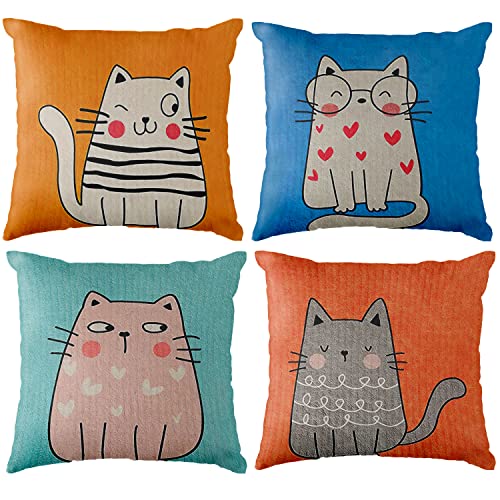 Lovely Cat Wearing Glasses Staring Cat Cute Cat Winking Cat Throw Pillow Case Set Of 4, 18X18 Inch Home Bedroom Kids Room Decor Cushion Cover,Farmhouse Cat Decor, Gift For Cat Lovers Cat Mom Kids #TOP21