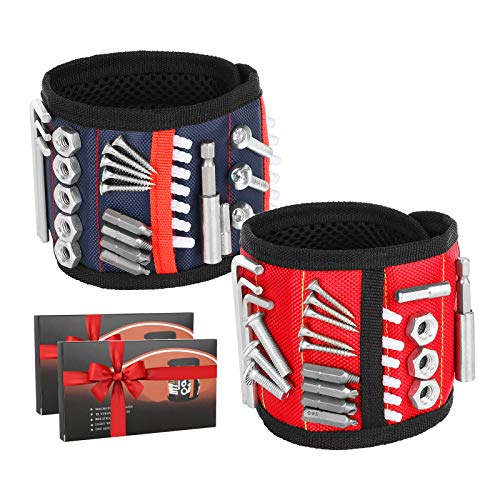 2 Pack Magnetic Wristband ?with 15 Strong Magnets 2 Pockets to Hold the Screws, Nails, Bolts, Tools Organizers Holsters Gifts for Men Electrician Handyman (Red and Blue)