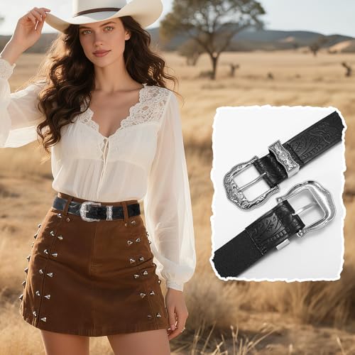 VONMELLI Western Belt for Women Men, Cowboy Cowgirl Belt for Jeans Pants with Vintage Floral Carved Buckle3