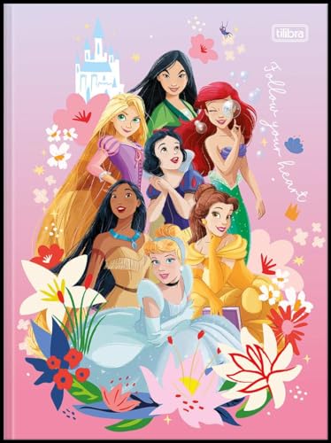 Kit de Caderno, Brochura 1/4 Pequeno, Capa Dura, Princesas, 80 Folhas, Tilibra, Pacote com 5 Unidade