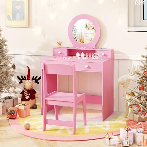 Image of HONEY JOY Kids Vanity, Little Girls Vanity Set with Mirror and Stool, Drawers, Toddler Makeup Vanity Dressing Table, Wooden Pretend Play Kids Vanity Table and Chair Set (Pink)