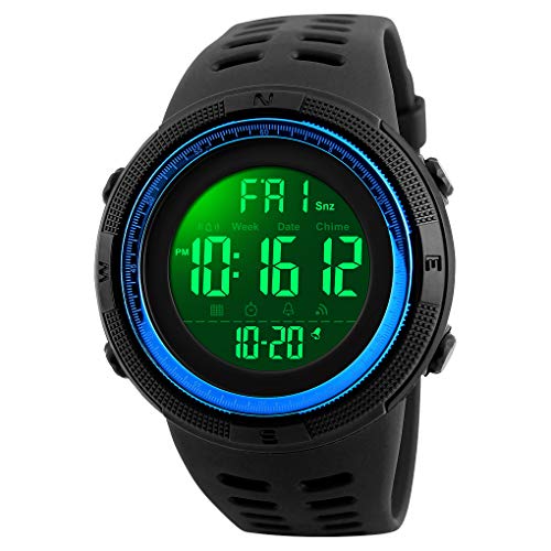 Homme Montre Sport Digital 50M Etanche Outdoor Multifonction Electronique Tactique Militaire Montres Bracelet Hommes Double Temps Calendrier Alarme Plastique Caoutchouc Montre Homme Garçon (Bleu)