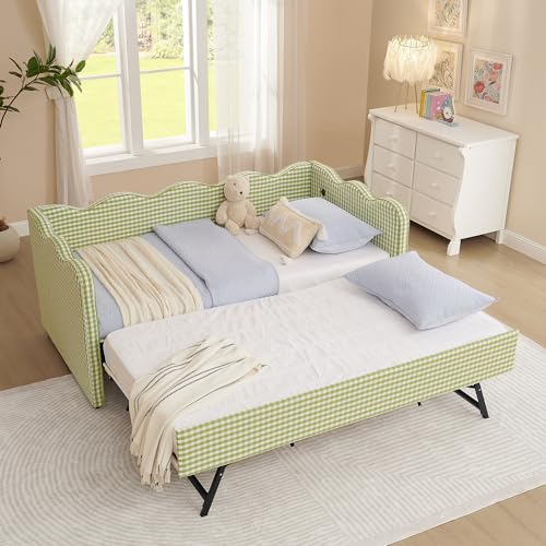KEIKI Twin Size Upholstery Daybed with Trundle and USB Twin to King Design Adorable Wave Shaped Extendable Linen Sofa Bed Easy Assembly No Box Spring Required for Living Room and Bedroom Green
