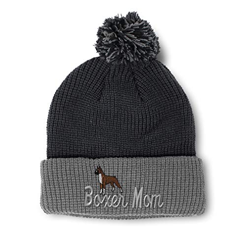 Speedy Pros Pom Pom Beanies for Women Boxer Mom Mama Dog Pet Embroidery Dogs Winter Hats for Men Acrylic Skull Cap 1 Size Black Grey