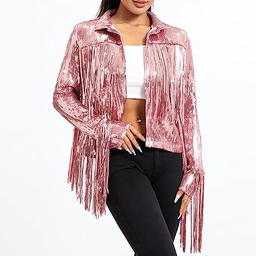 FEORJGP Women Sparkly Sequin Jacket Shiny Glitter Tassel Fringe Hem Disco Jacket Sequin Fringe Jacket Coat Y2K 90s Streetwear2