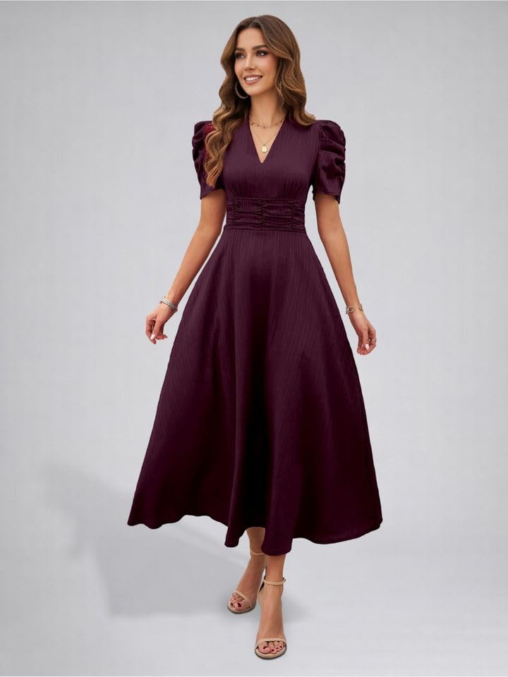 Image of Women's Solid Color V-Neck A-Line Maxi Stylish One Piece Long Midi Dress Party Outfit | Waist Cinched Puff Sleeve Elegant Casual Dresses for Women