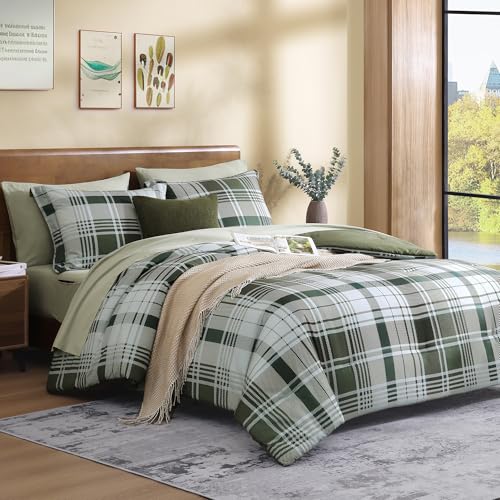 Image of MaiReve Full Size Comforter Set Olive Green, Plaid Design Comforter Set 7 Pieces, All Season Comfortable Bedding Sets Full, Lightweight, Soft and Warm (Olive Green, Full)