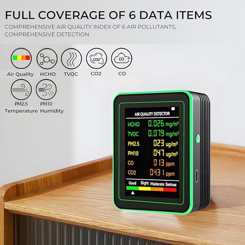Image of DeWire Portable Air Quality Detector with 6-in-1 Monitoring - CO2, CO, PM2.5, PM10, HCHO, TVOC Tester with 2.8 inch Color Display, USB-TypeC Rechargeable for Home and Office