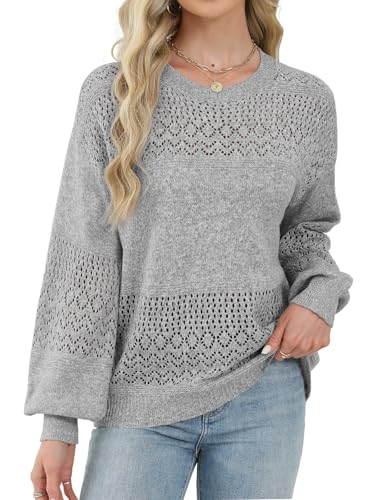 Image of Lylinan Womens Sweaters Casual Boho Long Sleeve Shirts Crewneck Lightweight Crochet Tops Pullover Knit Sweater