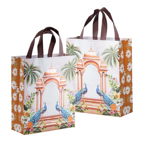 Image of Lavya Medium Size Return Gift Bags | Reusable Non-Woven Metallic Laminated Matt Finish Carry Bags for Weddings, Traditional Gifting, Shagun, Jewellery, Sweets & Dry Fruit Boxes (Peacock Mahal, M-10x12x4, Pack of 50)
