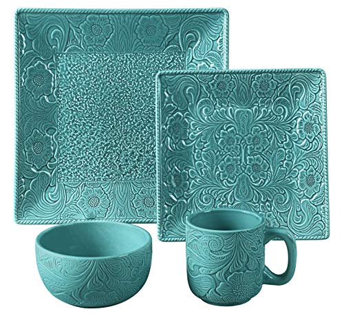 HiEnd Accents Savannah 16 Piece Ceramic Dinnerware Set with Plates, Bowls, Mugs, Turquoise Tooled Leather Floral Pattern, Modern Rustic Western Style - Image 2
