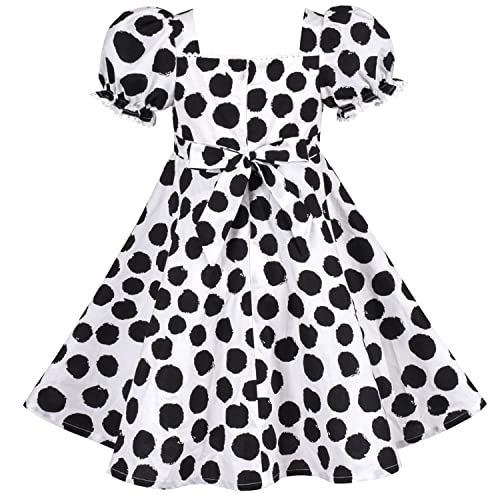 Sunny Fashion Girls Dress White Polka Dot Square Neck Button Puff Sleeve Vintage4