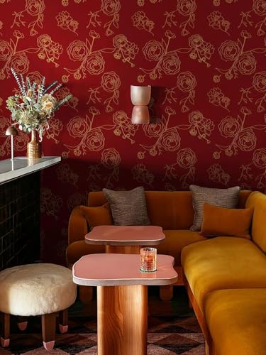 Image of Red and Gold Rose Wallpaper - Self Adhesive Peel and Stick Floral Wall Stickers, Waterproof PVC Vinyl Decorative Paper for Home, Bedroom, Living Room & Furniture (45cm x 300cm)
