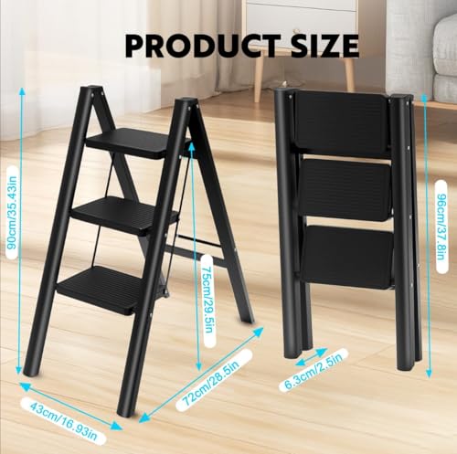 Image of Portable 3 Step Ladder Folding Step Stool for Home Kitchen Office Library, Lightweight Heavy Duty Steel Frame, Anti-Slip Wide Pedals, Easy Storage, Modern Black (1Pcs)