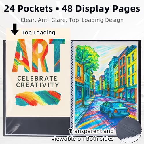JJRING 18x24 Art Portfolio Folder with Plastic Sleeves, 24-Pocket Portfolio Binder Displaying 48 Pages, Presentation Book with Black Inner Paper for Artwork Storage, Black - Thumbnail 3