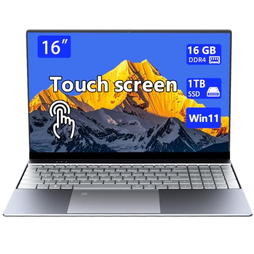 Image of 16-inch touchscreen portable laptop, with high-end all-metal body,16GB DDR4+1TB SSD, N95 quad-core 3.4GHz processor, fingerprint recognition and backlit keyboard,1920x1080, supports WiFi,Win11