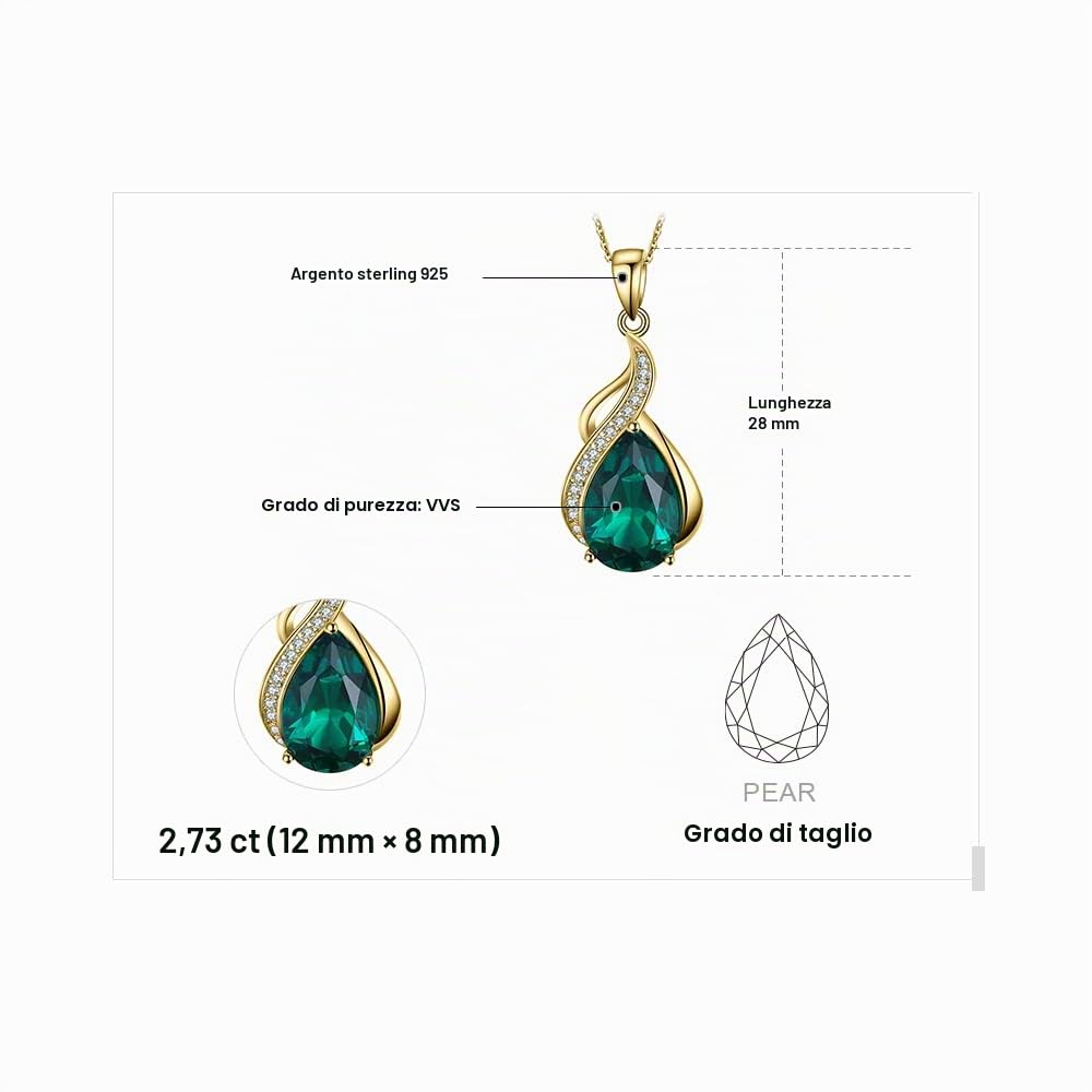 JewelryPalace 2.8ct Collana Donna Argento 925 con Simulato Smeraldo Verde, Goccia Collana Ciondolo Pietra a Taglio Pera con Catena 45cm, Collane Pendenti in Tre Ori Anniversario Set Gioielli Donna