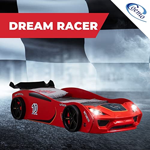 Coemo Kinder Autobett Dream Racer Kinderbett 90x200 im Rennwagen Design mit LED Beleuchtung und Lattenrost für Jungen und Mädchen - Betten Farbe Rot - Rennbett
