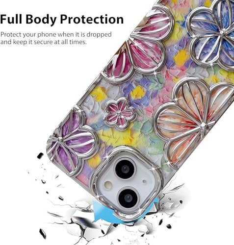 Image of mobistyle Designed for iPhone 14 Plus Cover| Electroplating Bling Colourful Floral 3D TPU Camera Protection Back Cover Case for Girls & Women (Silver Electroplating Flowers)