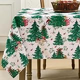 Romanstile Christmas Tablecloth Rectangle, Winter Christmas Trees Green Table Cloth, Washable Farmhouse Vintage Table Cover for Holiday Dinner Party, 60 x 84 Inch