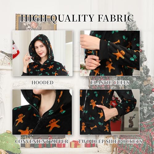 Couple Lightweight Fleece Onesie Pajamas, Hooded Printed Zipper Pjs Set for Women & Men Christmas Sleepwear Warm2