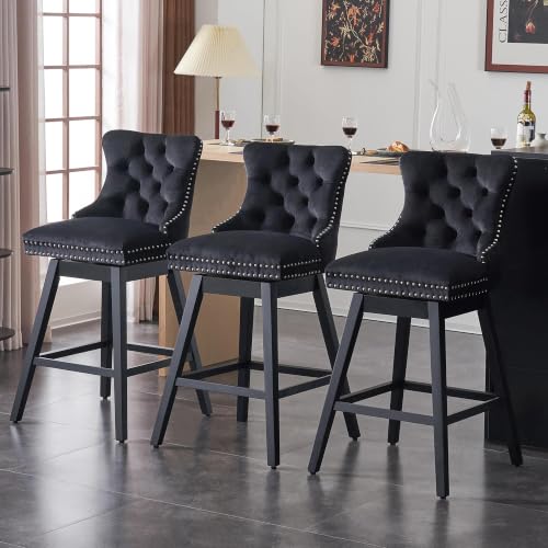 Image of Black Swivel Bar Stools, Velvet Counter Height Bar Stools Set of 1
