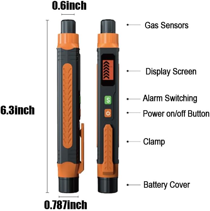 Diagram of zangang Natural Gas Leak Detector with labeled parts and dimensions