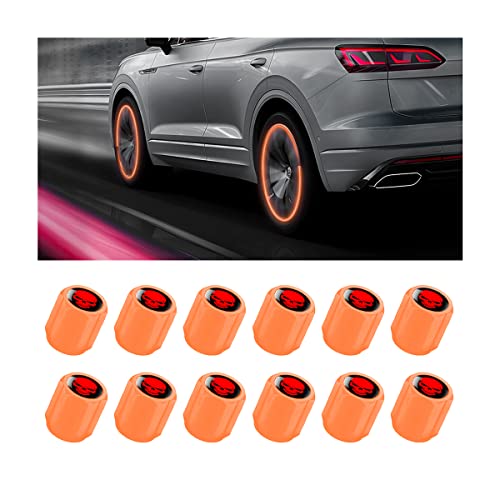 Luminous Auto Tire Valve Stem Caps, 12Pcs Skull Illuminated Wheel Valve Stem Cover, Night Glow Wheels Cap Corrosion Resistant, Fluorescent Tire Valve Caps Fit For Cars, Suvs, Trucks, Bikes (Orange) #TOP7