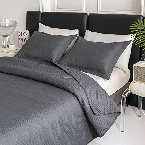 Quiltina Queen Size Quilt Set Grey Bedspreads, Lightweight Soft Summer Microfiber Coverlets, Modern Style Squares Pattern Bedding Set For All Season - 3 Piece (1 Quilt, 2 Pillow Shams) #TOP18