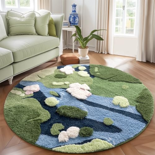 Image of YIHOUSE Modern Round Area Rug, Grass Green Moss Aesthetic Rug for Bedroom Non-Slip Throw Shag Fluffy Carpet Washable Circle Rug for Nursery Room Girls Living Room Playroom Home Dorm Decor(4x4Ft)