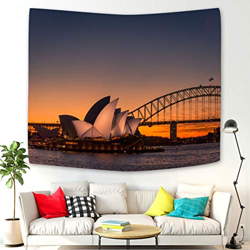 Beisasa House Tapestry Night Tapestry Sydney Opera House Lit Up with at Night Time with Harbour Bridge Colorful Starry Night Tapestry Wall Hanging for Living Room,60x50 in