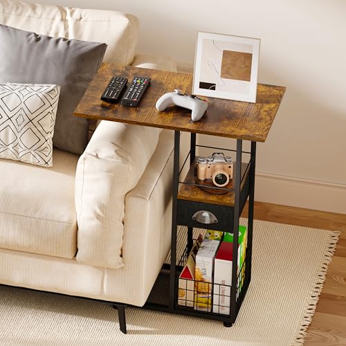 Rolling C-Shaped Side Table with Wheels and Oversized Wood Top, Mobile Overbed Stand with Drawer for Bed or Sofa, Metal Frame Couch Companion for Living Room, Bedroom, or Home Office (Large Desktop)