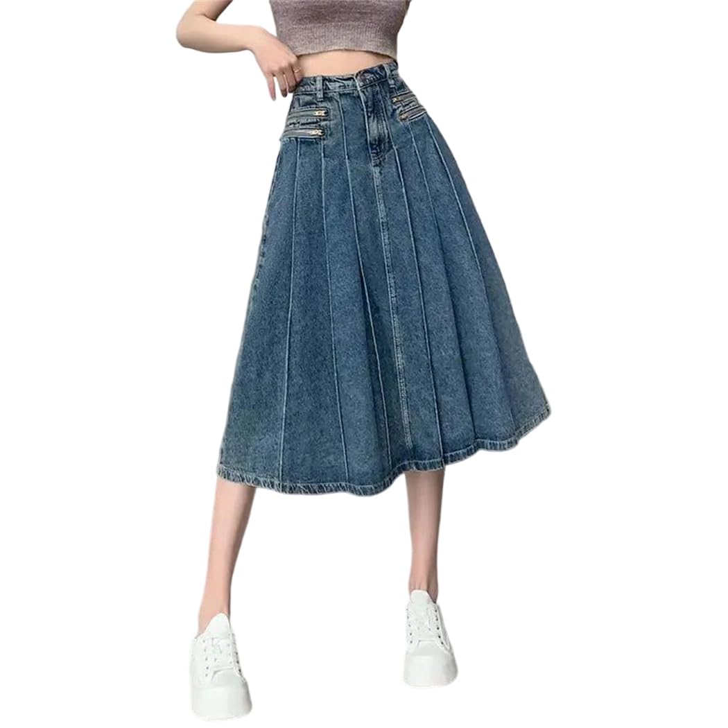 Damska plisowana spódnica dżinsowa wysoka talia linia zamek błyskawiczny slim fit casual letnia spódnica