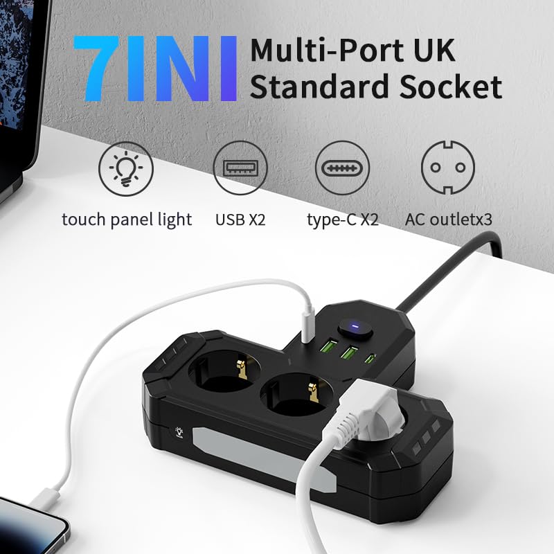 Steckdosenleiste 7-in-1 mit Überspannungsschutz, 3 AC-Steckdosen, 2 USB 2.0 Typ-C-Anschlüsse, 2500W, 10A, für Zuhause, Büro und Reisen (Weiß)