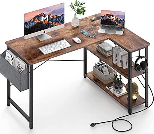 Mr IRONSTONE L Shaped Desk with Outlets & USB Ports, Reversible 47 Inch Office Desk, Corner Desk for Small Space with Storage Shelves for Workstation, Small Desk with Storage Bag & Hook, Rustic Brown Mr IRONSTONE L Shaped Desk with Outlets & USB Ports, Reversible 47 Inch Office Desk, Corner Desk for Small Space with Storage Shelves for Workstation, Small Desk with Storage Bag & Hook, Rustic Brown