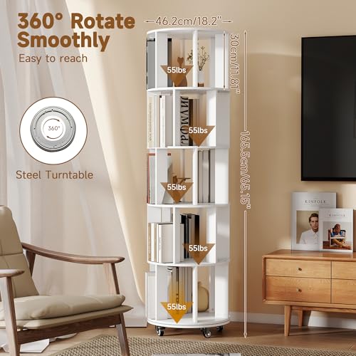 Turosur 5-Tier Rotating Bookshelf Bookcase (White) 360-Degree Revolving BookShelf Floor Standing Shelves Space-Saving Storage Organizer for Bedroom Living Room Office