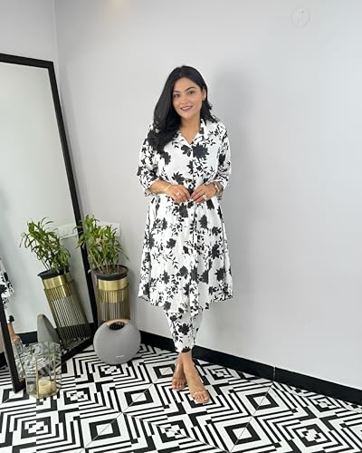 Image of LookMark Women's Cotton Blend Trendy Regular Fit Solid Printed Kurti with Stright Bottom |Kurti Set for Women