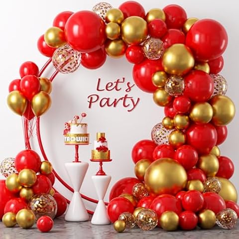 YAOWKY Red Gold Balloons Garland Kit, 120Pcs 18 12 10 5In Red and Gold Balloons With Gold Confetti Balloons for Valentines Wedding New Year's Party Bachelorette Birthday Engagements Decorations Cover