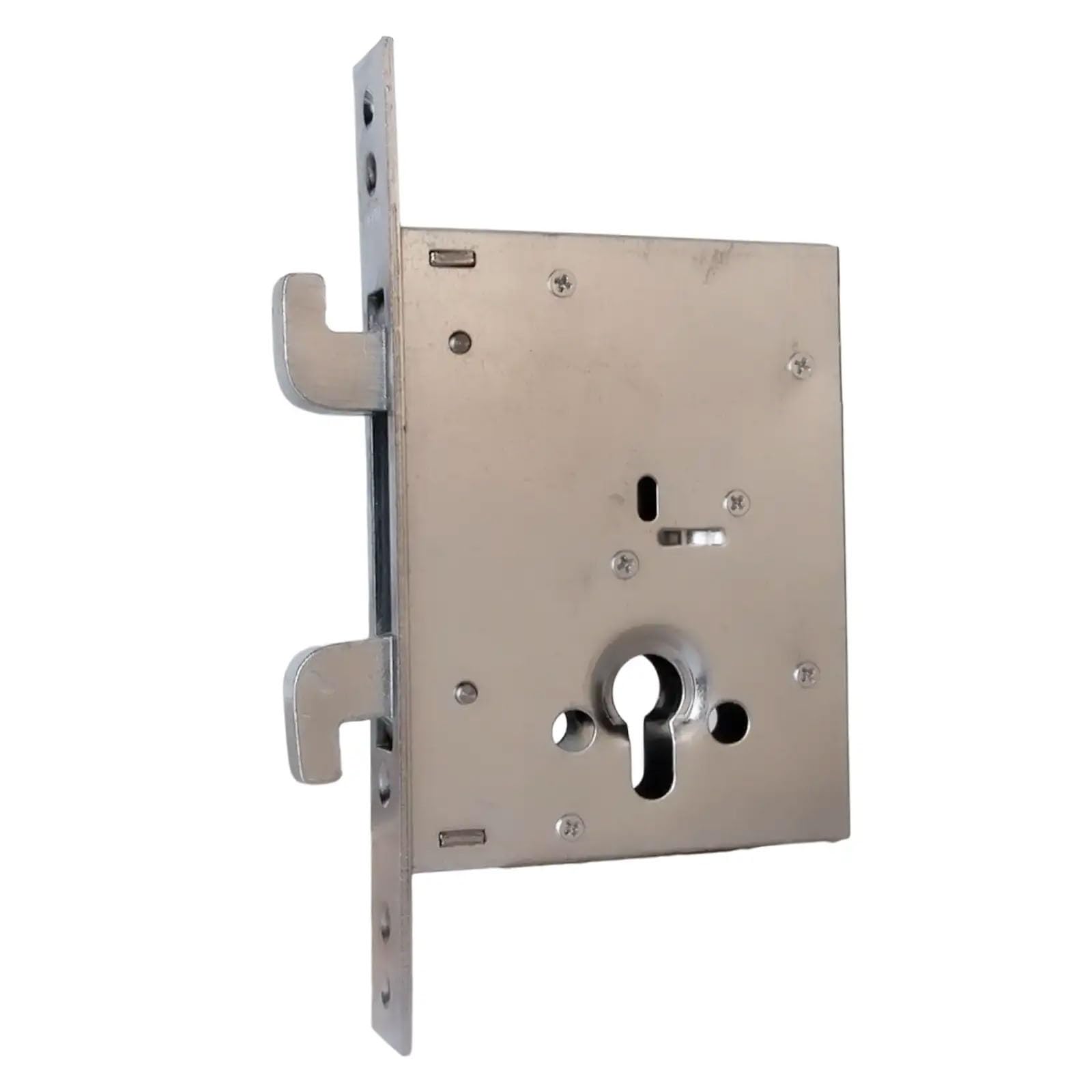 ATTAS Serrure à crochet double 60 mm pour portes coulissantes, serrure à mortaise en haut/bas, 140 x 110 mm, dimensions d'encastrement pour l'extérieur intérieur, serrure à cylindre et matériel de
